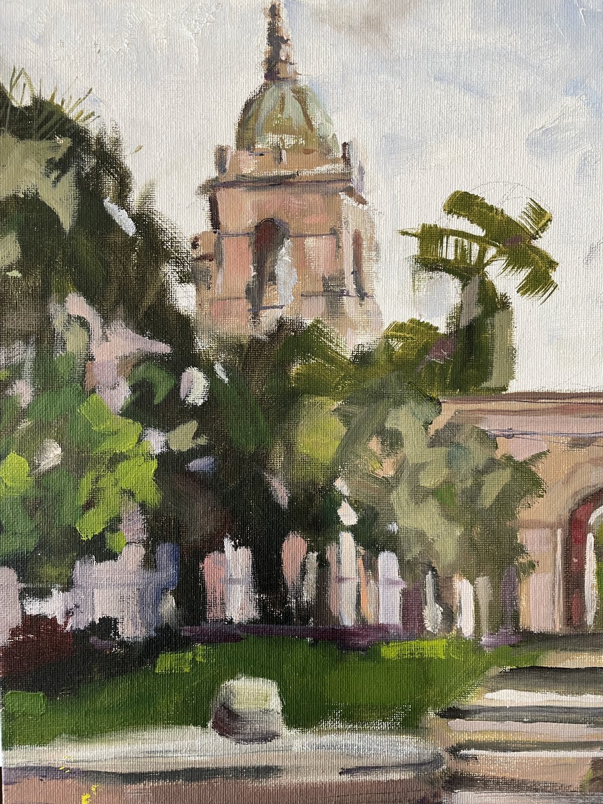 Painting of a bell tower and dome surrounded by palm trees in Balboa Park