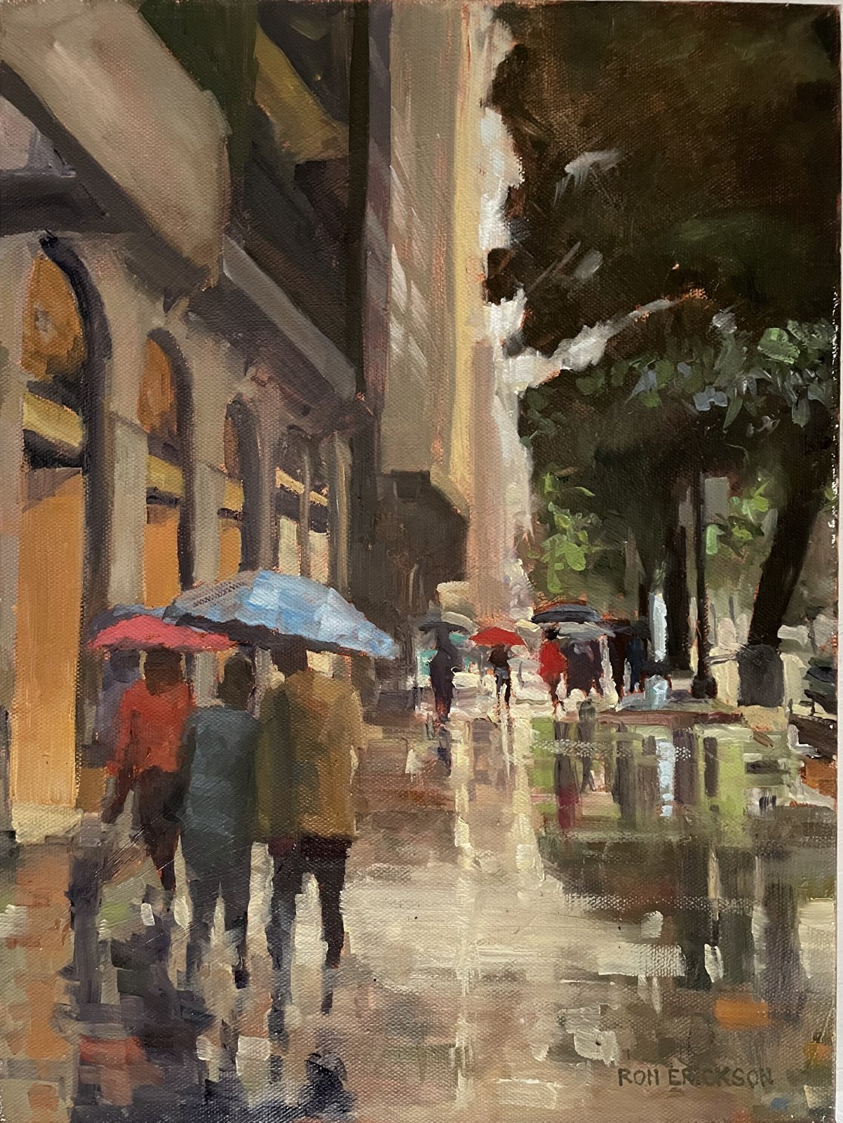 Painting of pedestrians with umbrellas on a rainy street in Bilbao
