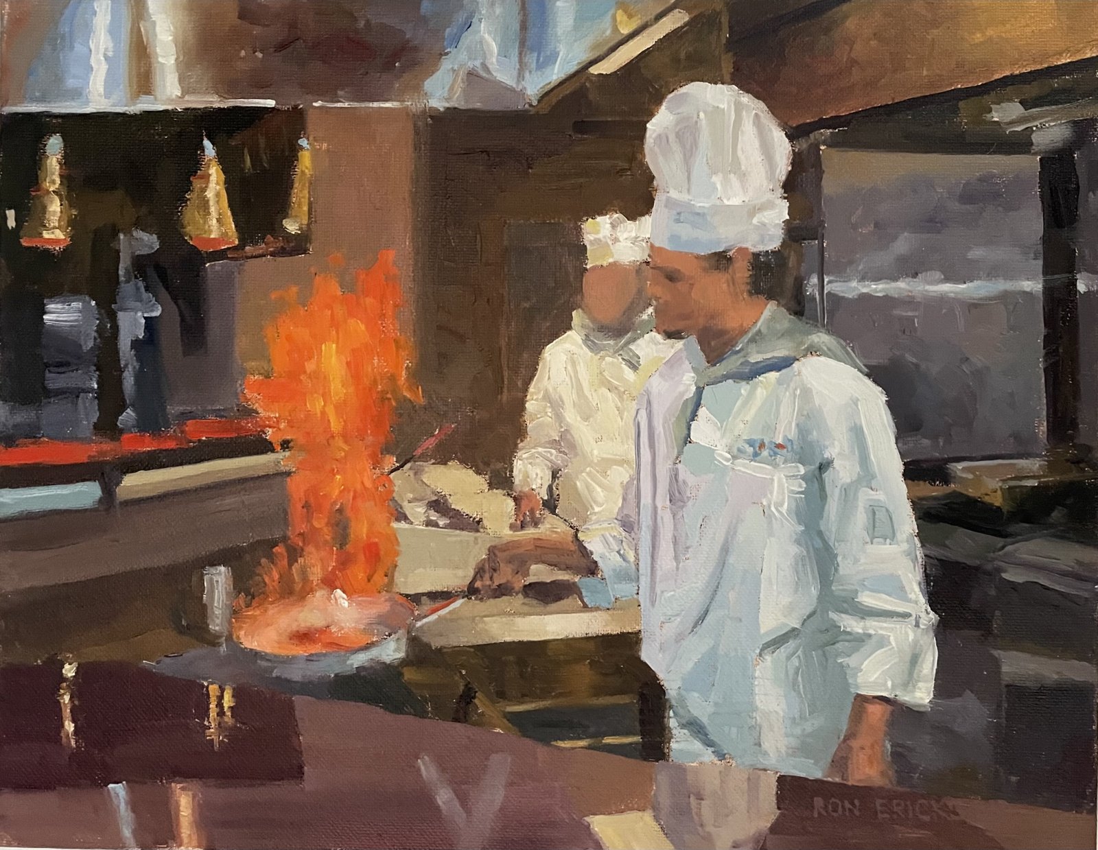 Painting of chefs cooking over an open flame
