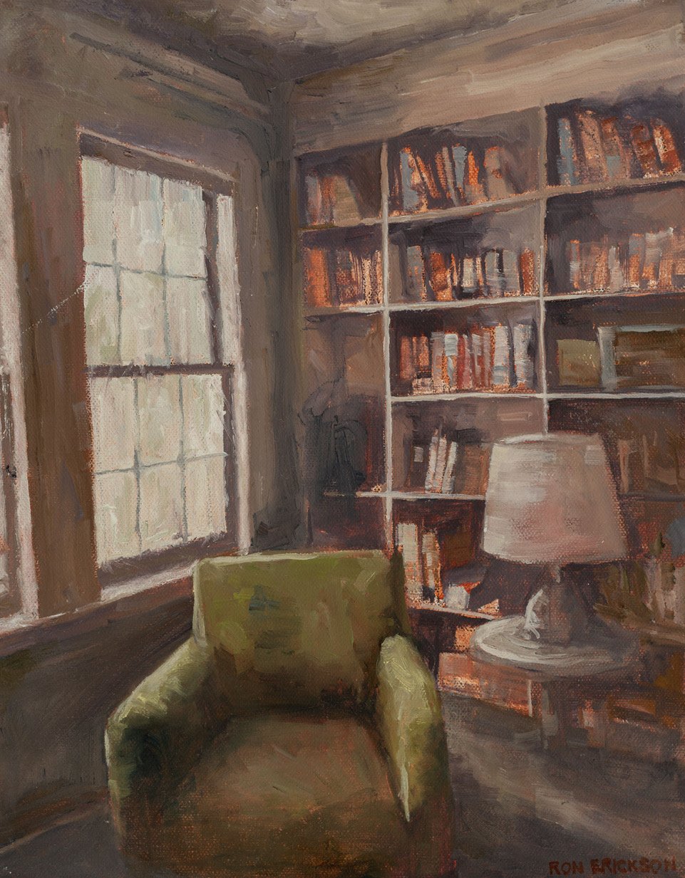 Painting of a cozy den with a green armchair and bookshelves