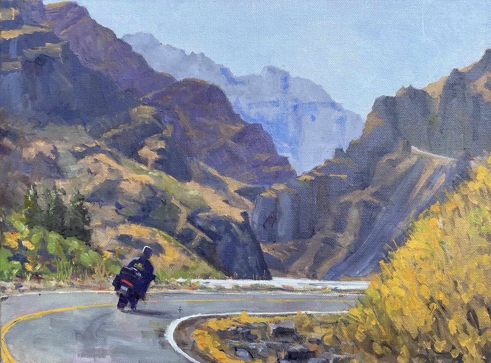 Painting of a motorcyclist riding through Hells Canyon