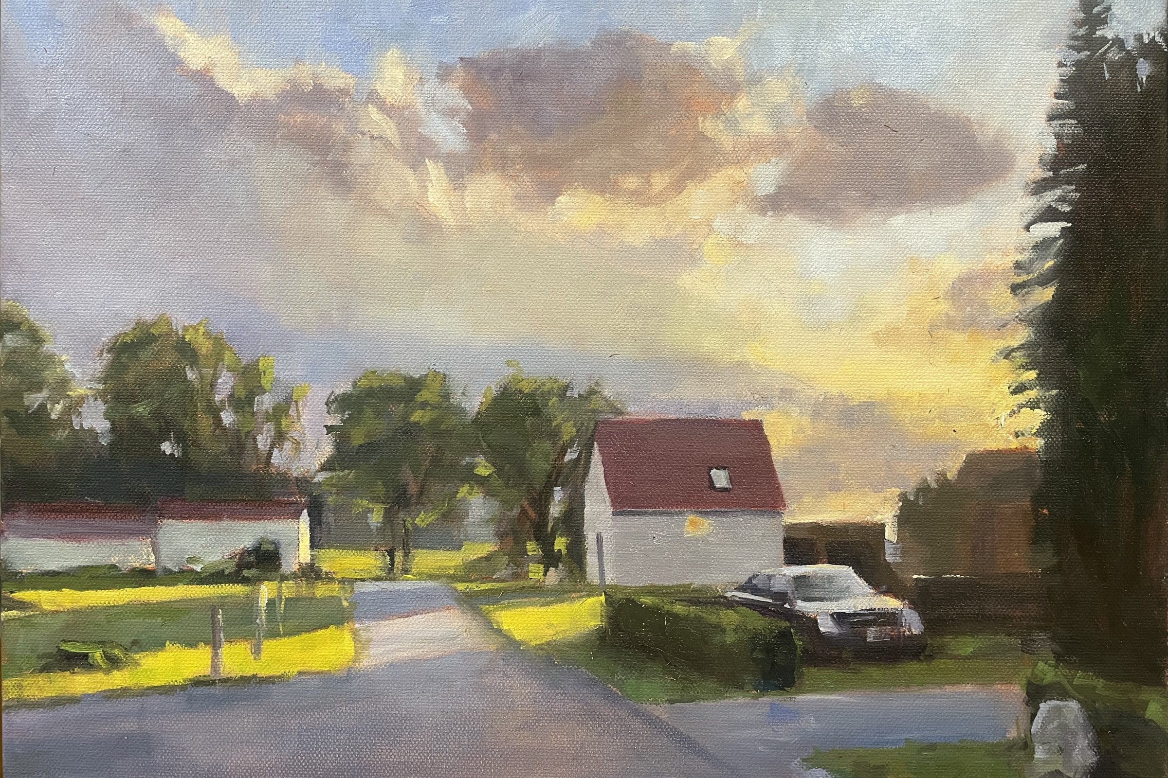 Oil painting by Ron Erickson of a farmhouse under a dramatic evening sky