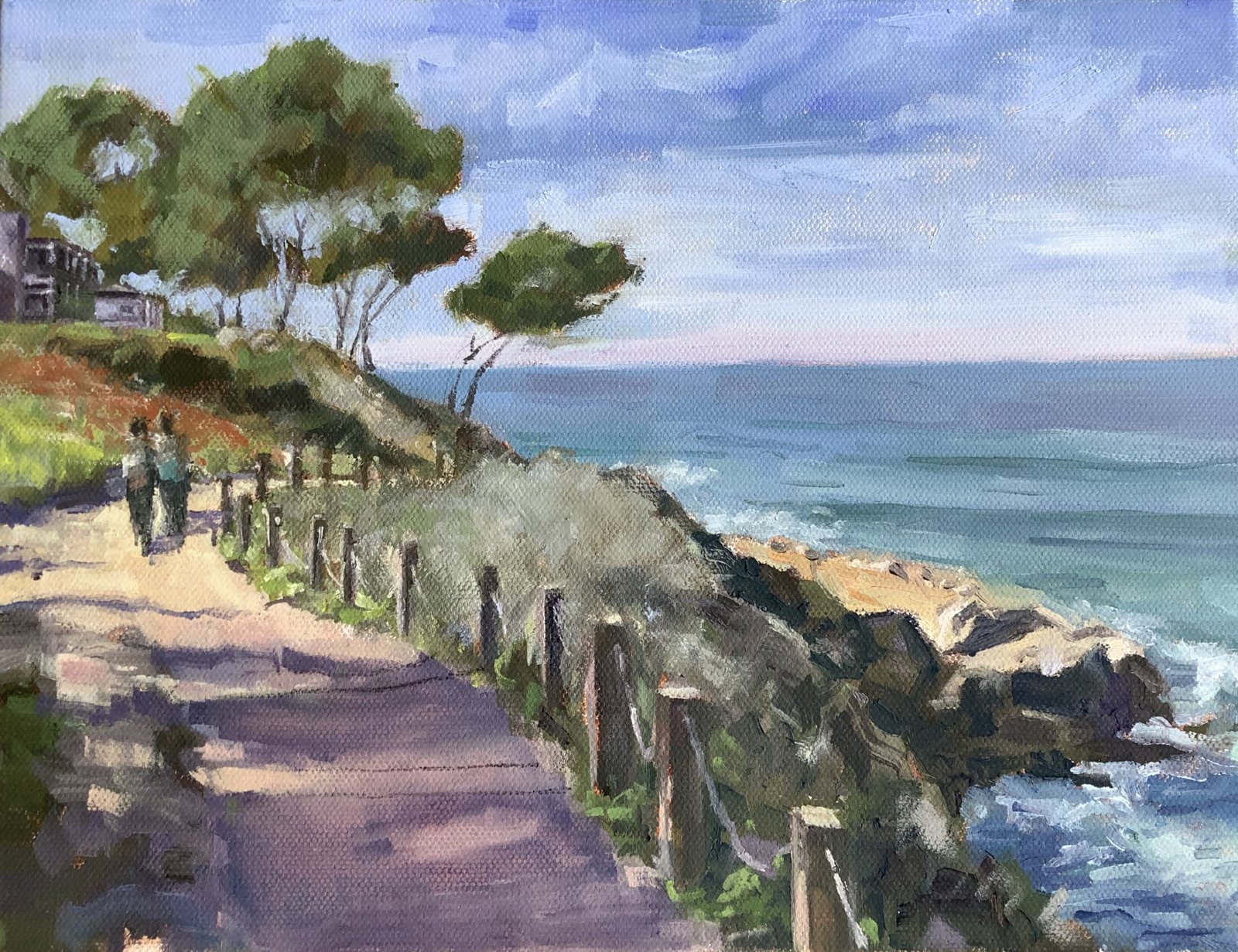 Painting of a coastal cliff path in La Jolla with pedestrians and the ocean