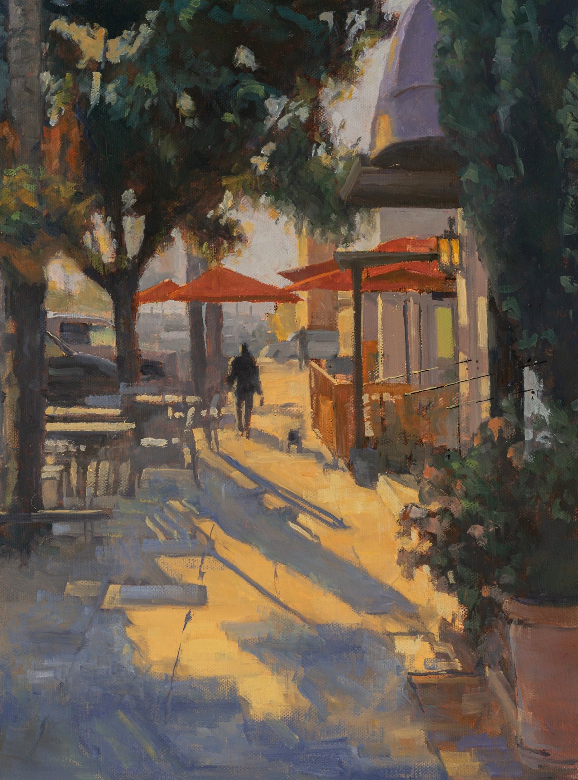 Painting of a person walking down a sunlit street at last light