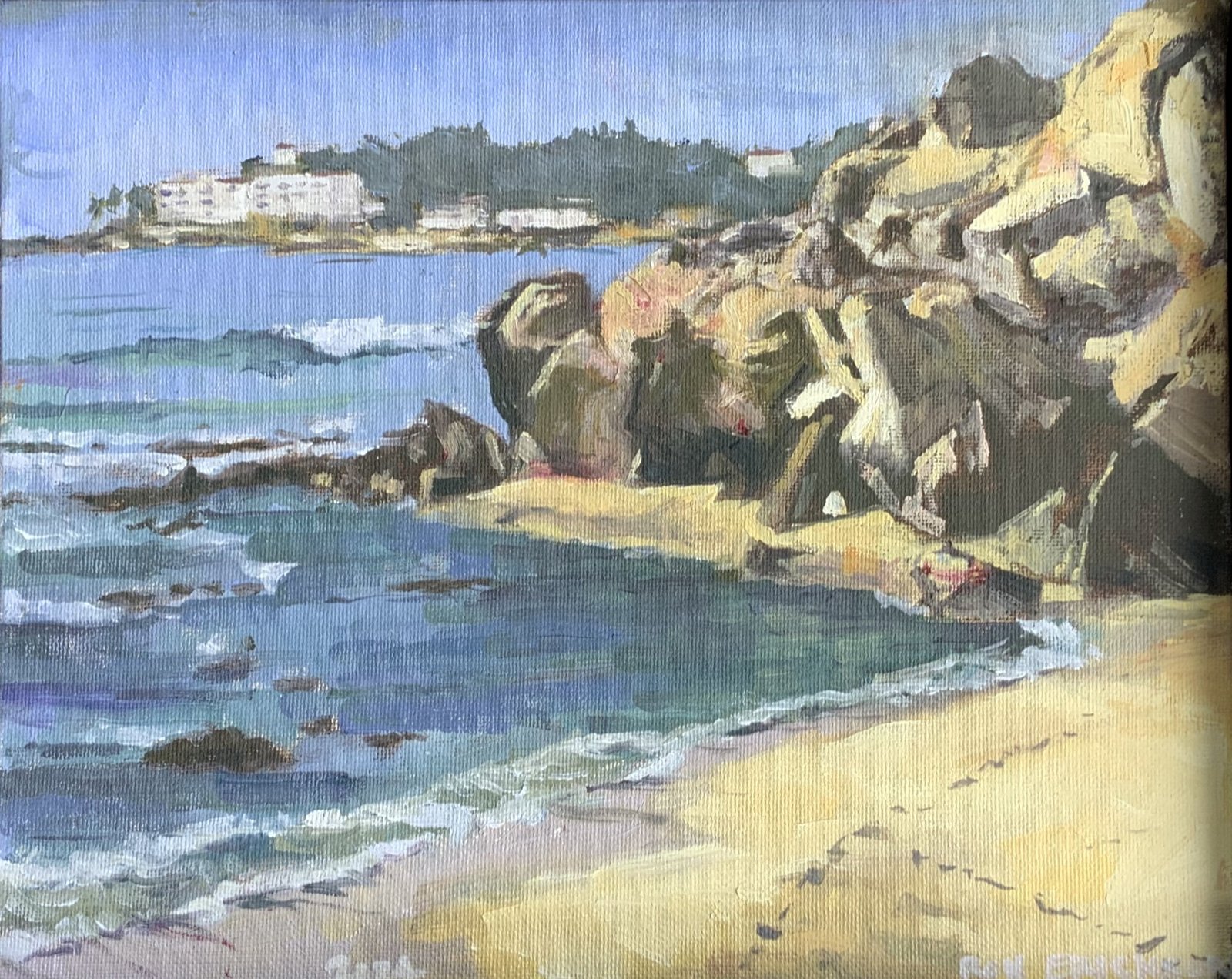 Painting of a rocky Pacific coastline with waves and a cliffside building