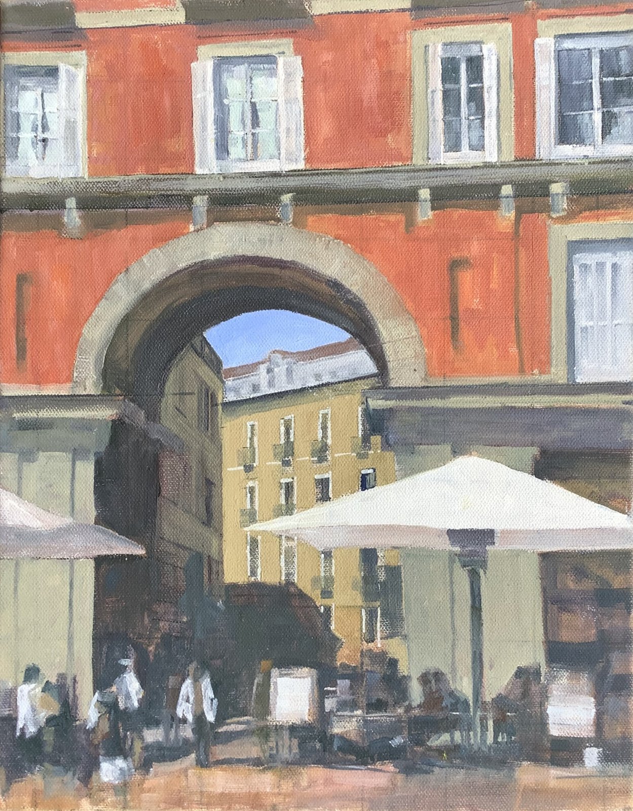 Painting of an archway and cafe umbrellas at Plaza Mayor