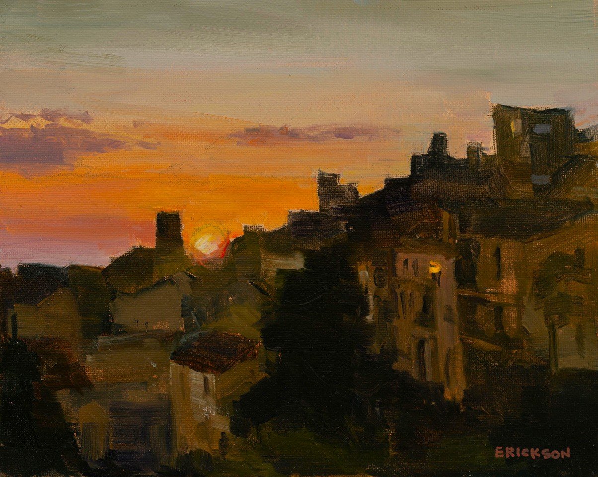 Painting of a sunset over the hill town of Cortona, Italy