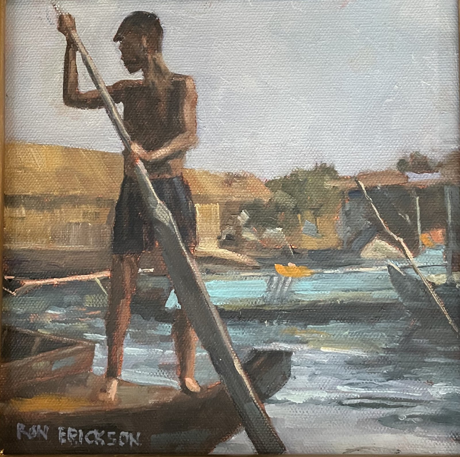 Painting of a fisherman poling a boat on Tonle Sap Lake in Cambodia