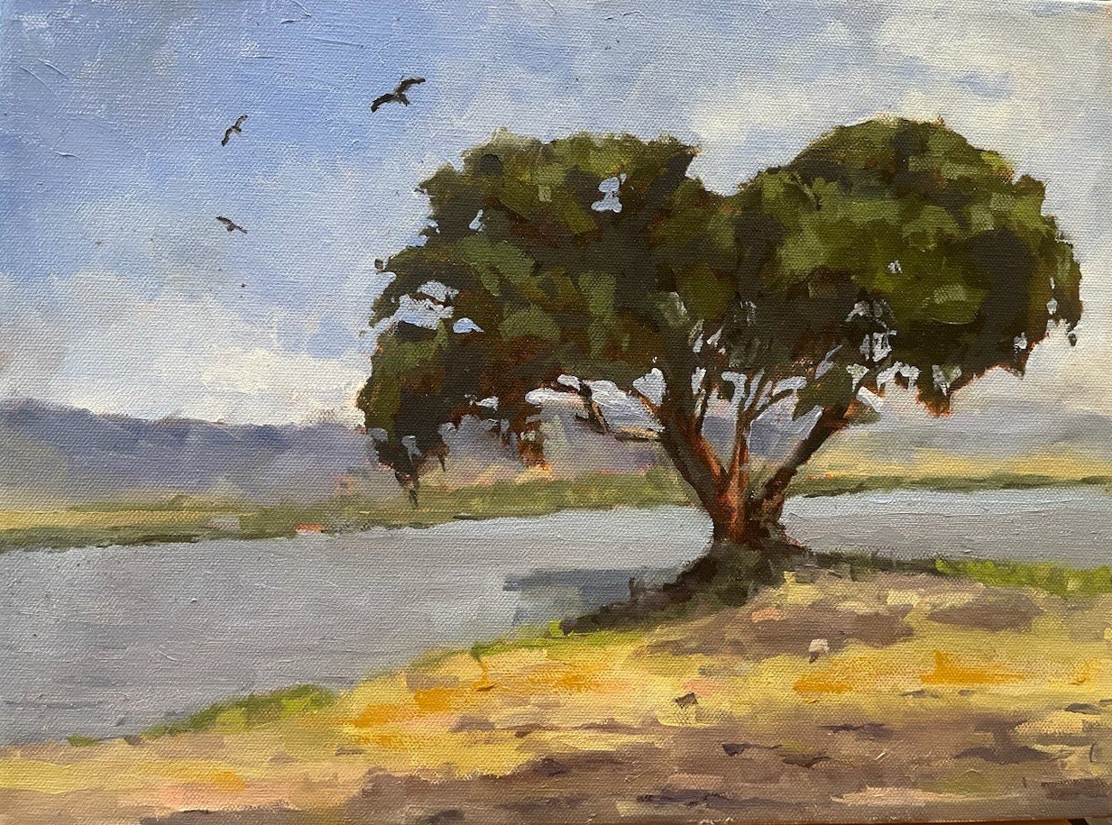 Painting of a large tree beside a lake with birds flying overhead