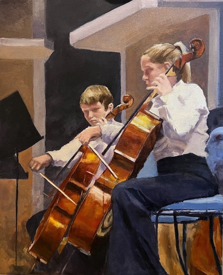 Painting of two young musicians playing cellos