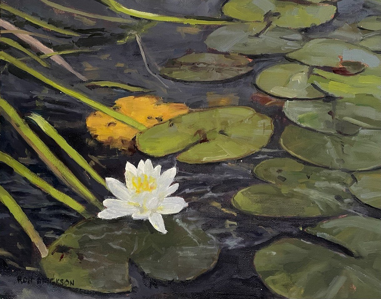 Painting of a white water lily among lily pads